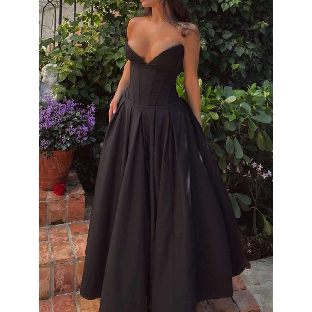 White Dress Maxi Dress New Women's Sexy Strapless, Backless, Fishbone Waist Tied Black Long Dress, Formal Dress KQ