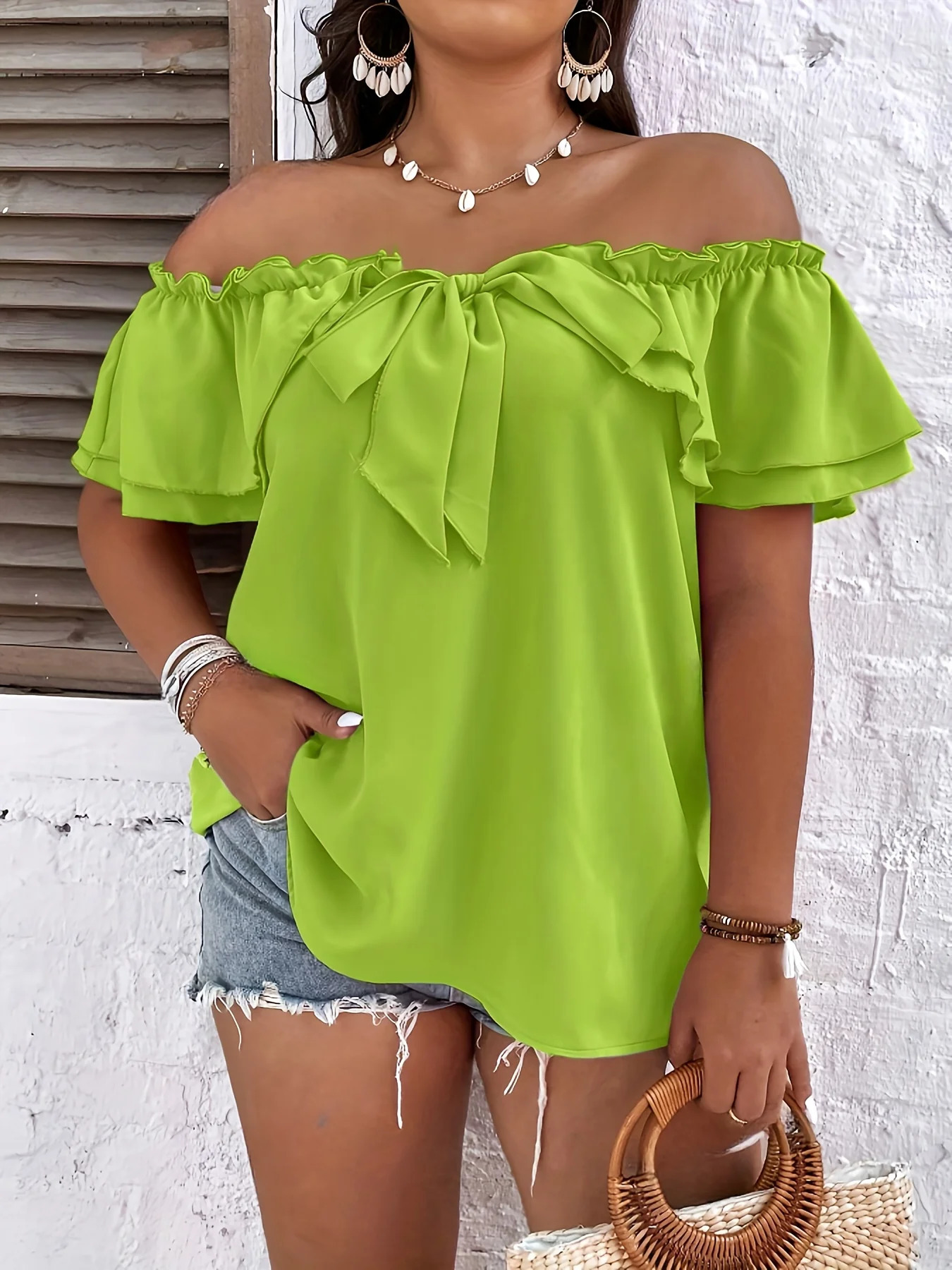 Plus Size Summer Vacation Shirt for Women Casual Solid Curve Clothing Cute Bownot Shoulderless Tops 250514