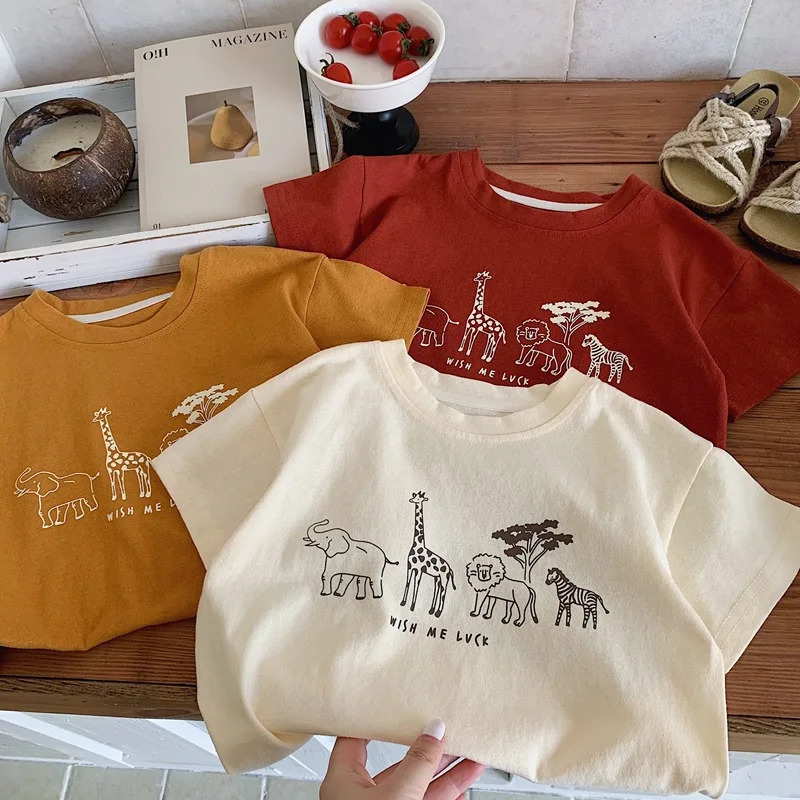 Summer Boys Solid Color Base Shirt Pure Cotton Clothing Thin Round Neck Short Sleeve Tops Child Print T-shirt Outer Wear 250515