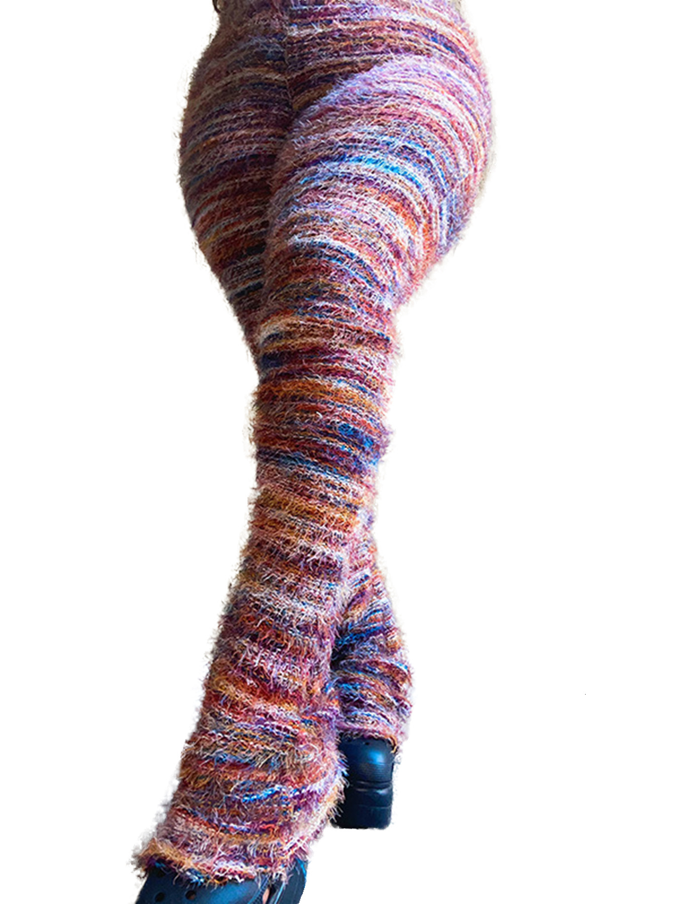 HR23113 Fashion Womens Colorful Striped Plush Personalized Plush Pants Stacked Pants