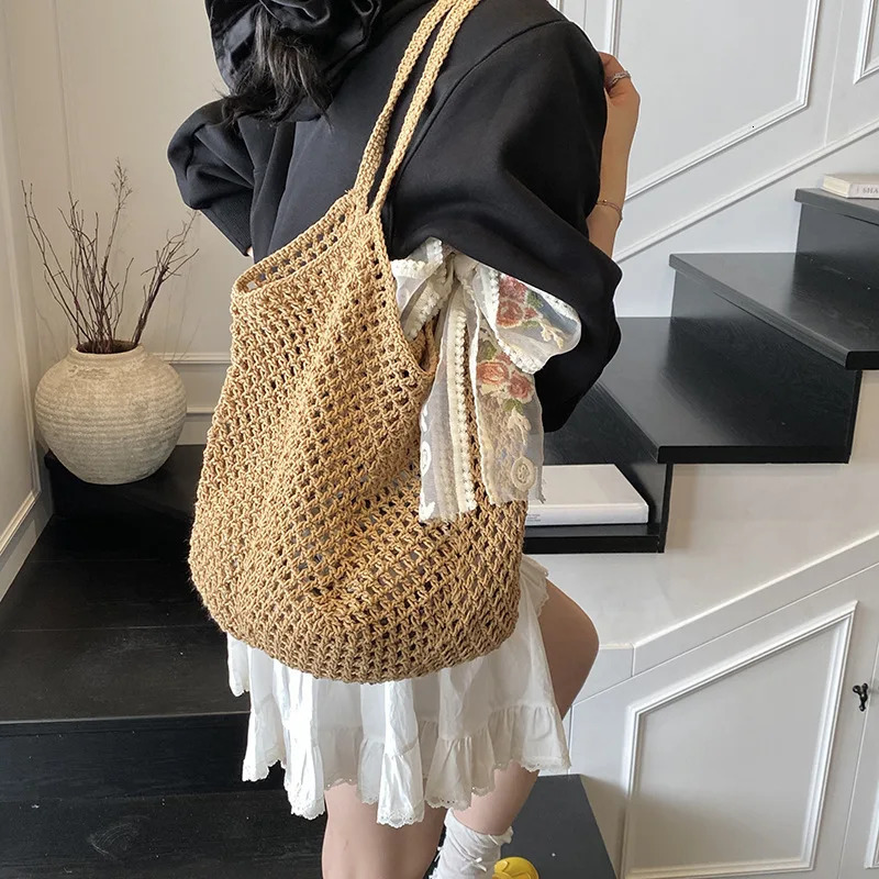 Solid Crochet Tote Handbag Summer Beach Bag Fashion Womens Mesh Woven Shoulder Bags Large Capacity Knitting Underarm Bag 250515