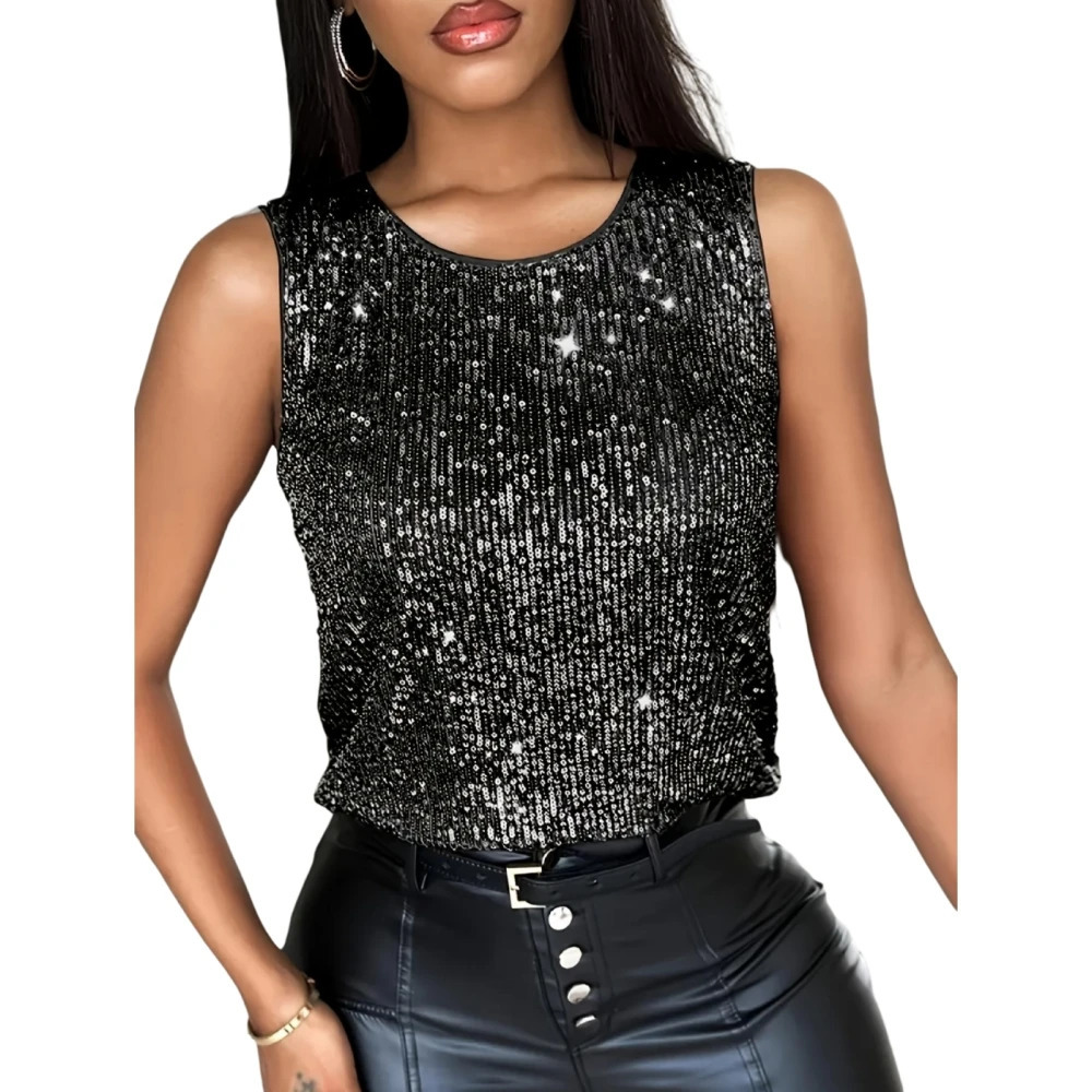 Plus Size Womens Sequined Tank Top Elegant Round Neck 100% Polyester Suitable for Parties and Formal Events Hand Wash Only 250515