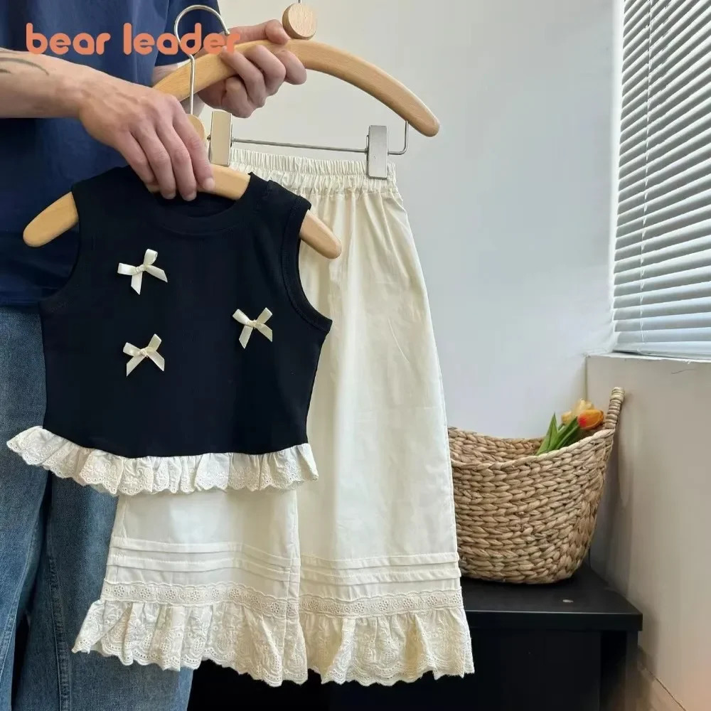 Bear Leader Korean Casual Childrens Set Bow Decoration Black Sleeveless VestPants Two-piece Set Lace Stitching Girls Clothes 250515