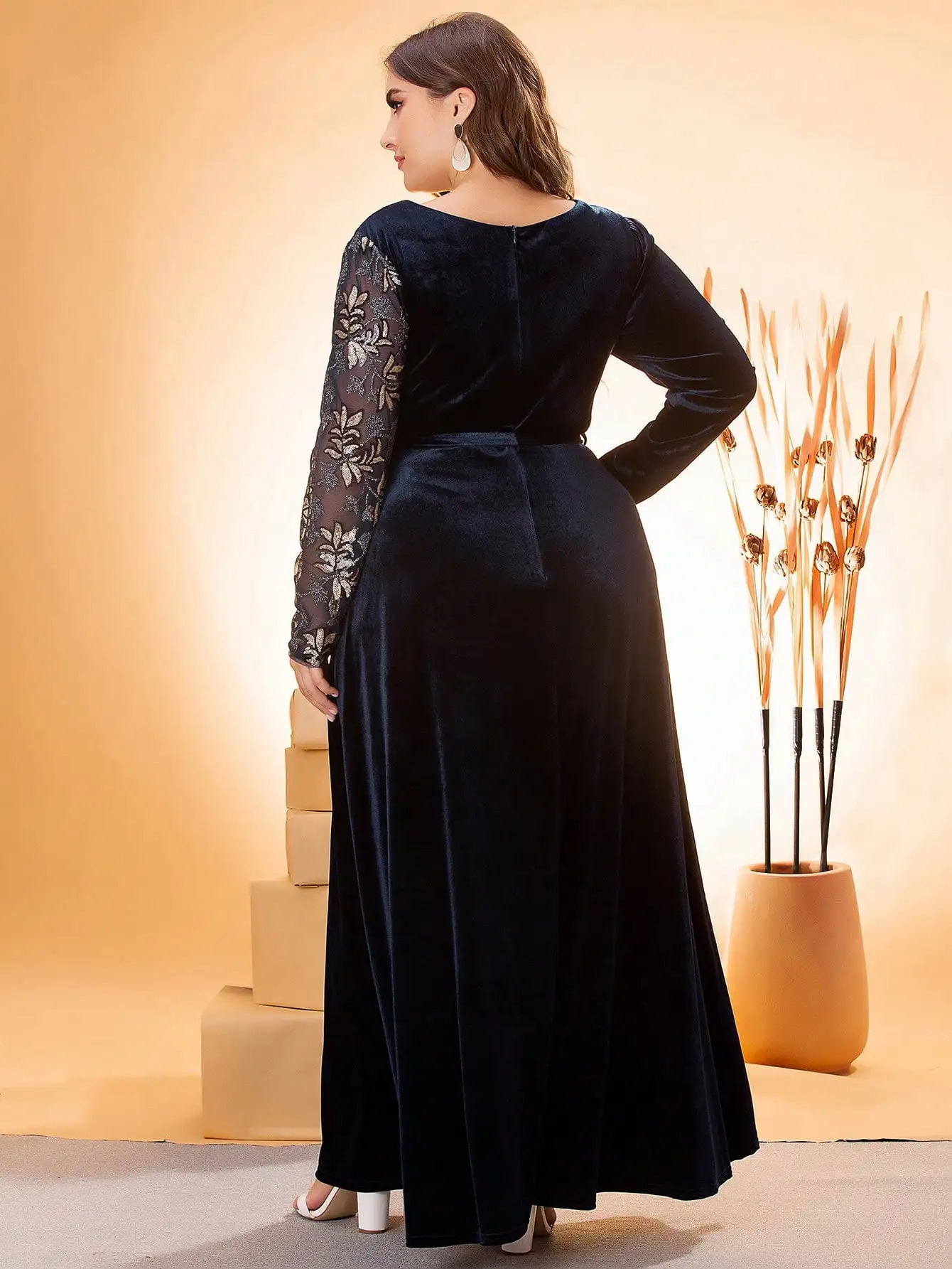 Plus size Mgiacy Vneck irregular cross sequin embroidered stitching velvet A full skirt Evening gown PROM dress Party 250506
