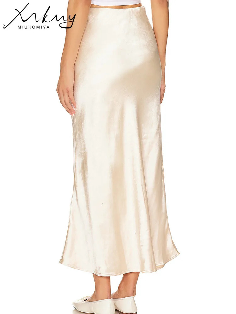 Summer Long Satin Bodycon Skirts For Women Aline Sexy Black Slit Maxi Elastic Wasit Splicing Office Silk Skirt Lady 250515