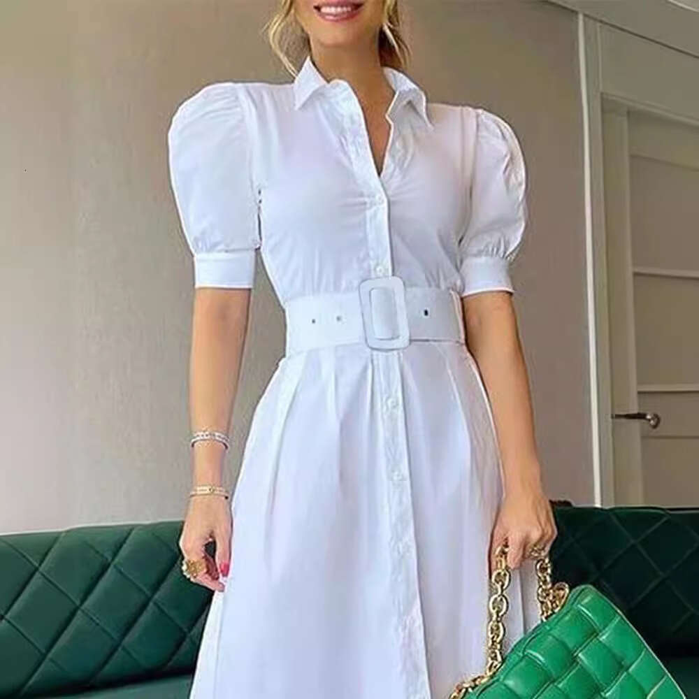 White Dress Maxi Dress 516 # New Style Commuting Long Short Sleeved Large Hem Dress With Belt KQ