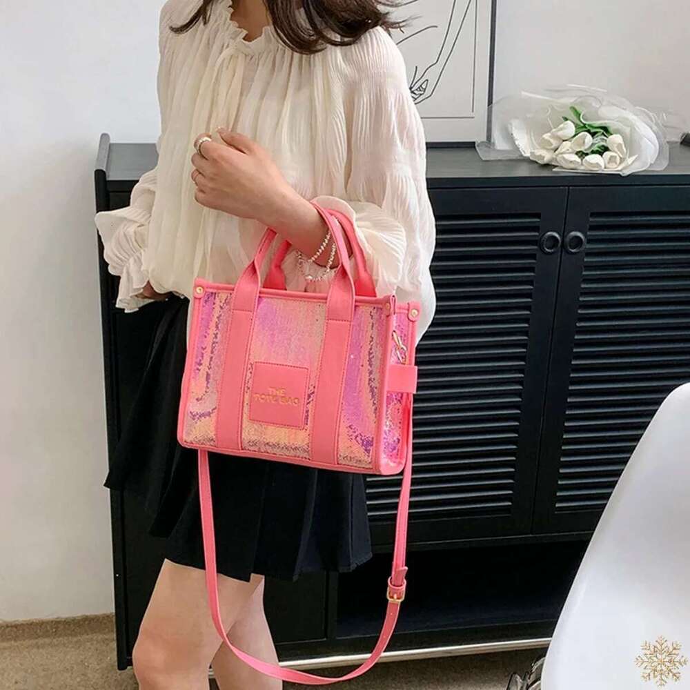 New Handbag with Letter Printed Sequin Upper Handle Bag, Women's Leather Handbag, Flash Shoulder Crossbody Bag