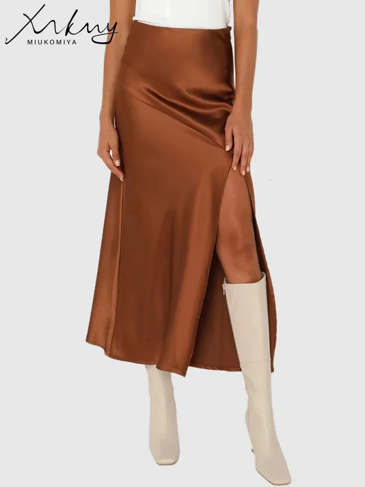Summer Long Satin Bodycon Skirts For Women Aline Sexy Black Slit Maxi Elastic Wasit Splicing Office Silk Skirt Lady 250515