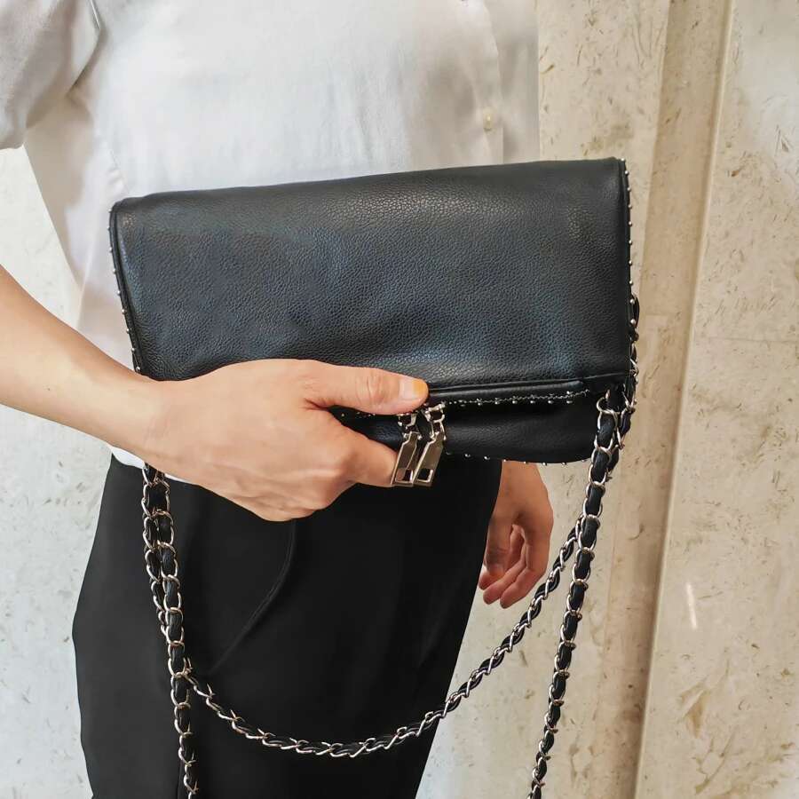 Women Chain Crossbody Design Pu Leather Lady Shoulder Purse Large Capacity Classic Black Fold Envelope Bag