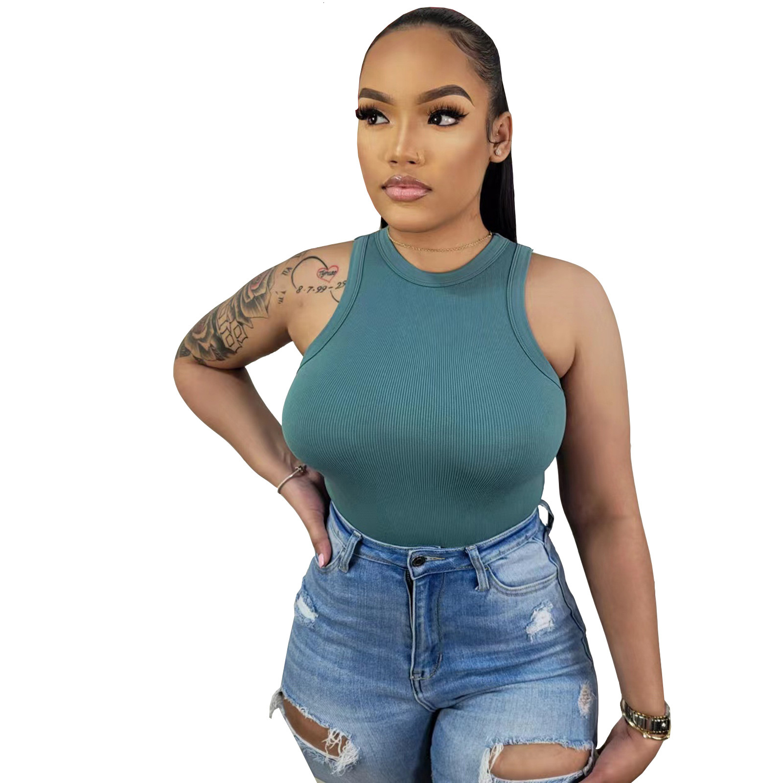 HR23034 Womens Super Bullet Pit Stripe Fashion Piece Solid Color Versatile Tank Top Bodysuit