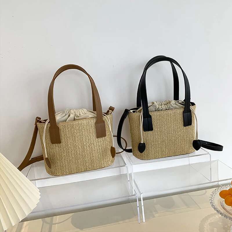 Knit Travel Straw Woven Beach Bag Wrist Pack Women Handle Female Bucket Tote Bags Rattan Ladies Purses Handbag