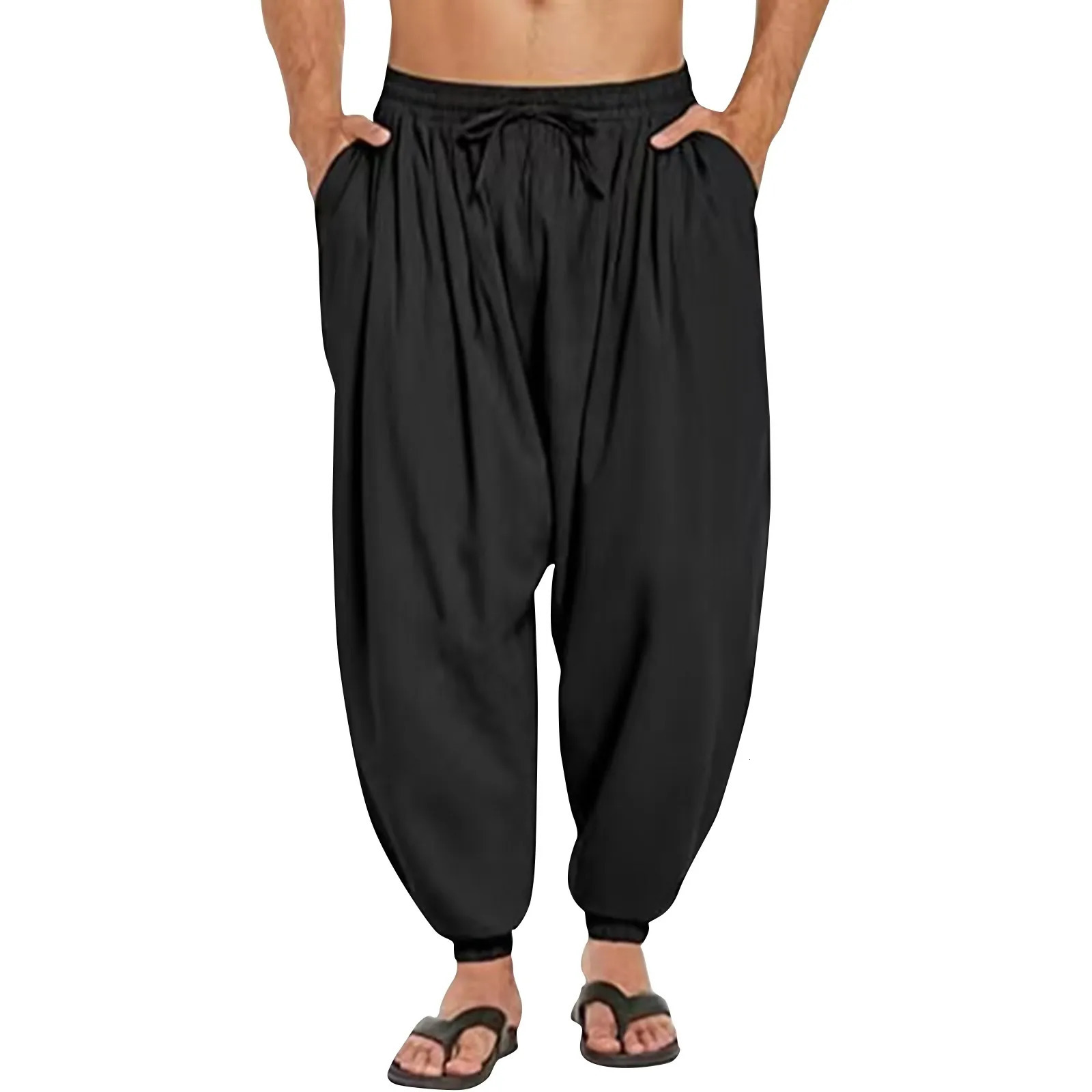 Mens Summer Casual Comfort Loose Drawstring Elastic Waist Front Pocket Cropped Pants Cotton Linen Pleated Thin Pencile Trousers 250515