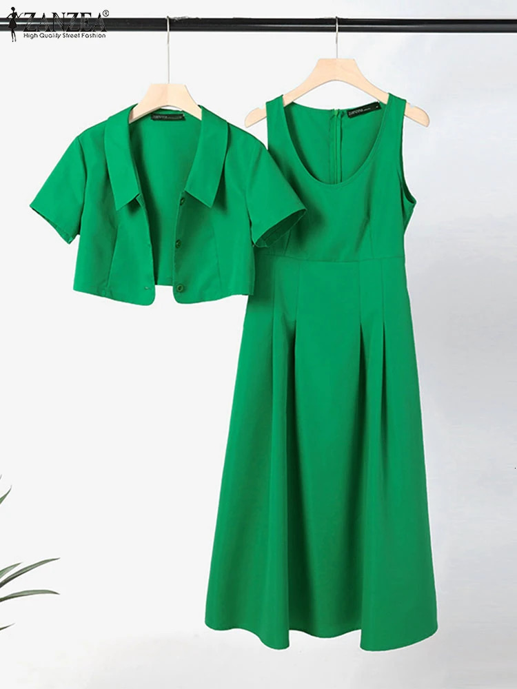 ZANZEA Women Two Piece Sets Summer Matching Office Short Sleeve Outwear And Tank Dress Outfits Casual Solid Suit 250515