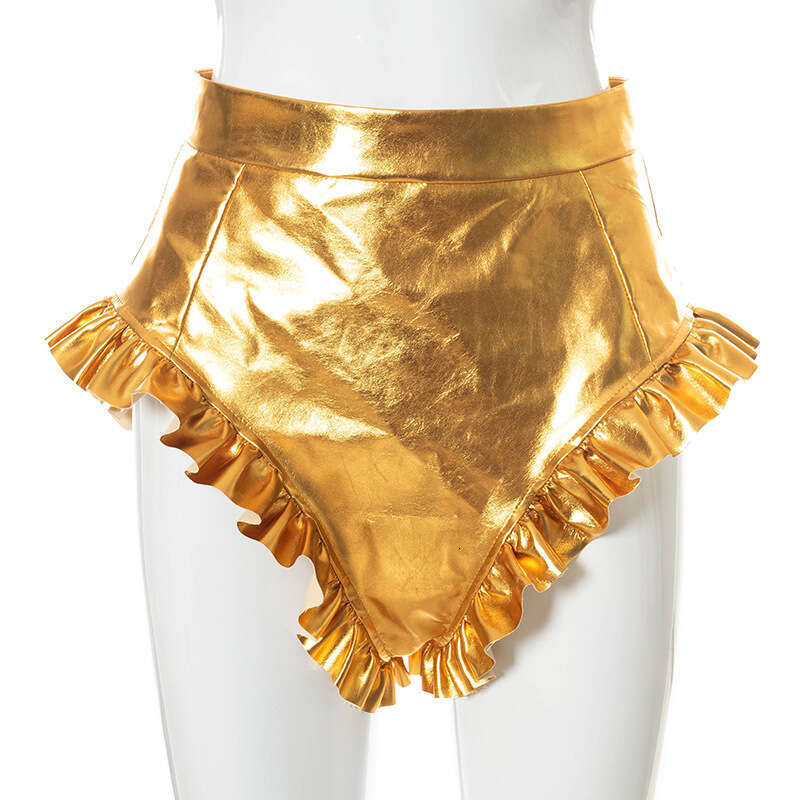 European and American fashion women's summer item solid color sexy fungus edge V-shaped PU leather shorts 2025 temperament versatile new trend cl