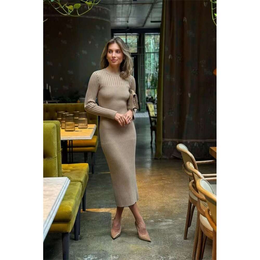 White Dress Maxi Dress Long Sleeved Autumn And Winter Woolen Women, Knitted Round Neck, Pit Stripe, Solid Color, Tight Fitting Dress For Women KQ