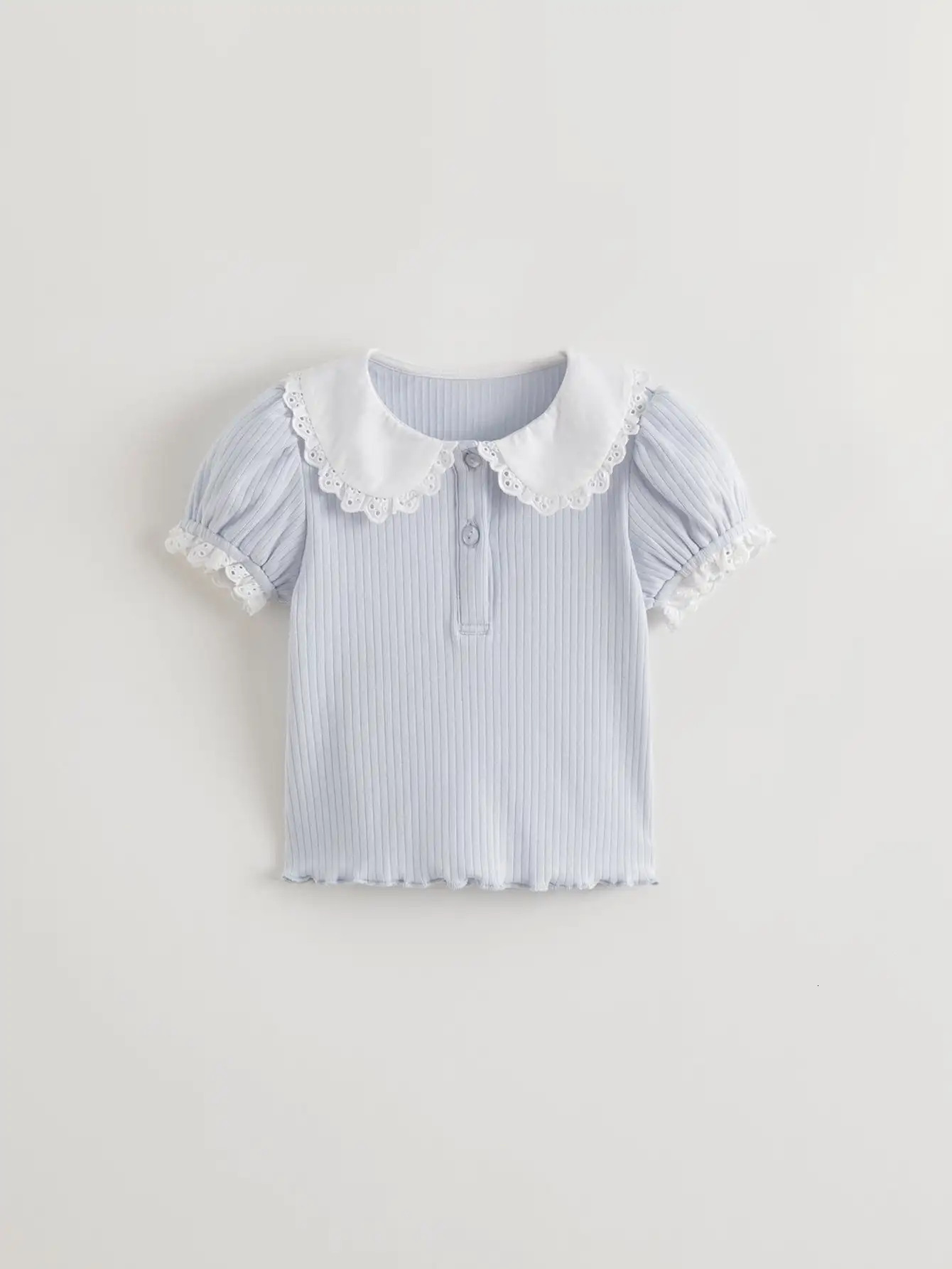 MARC JANIE Girls Sweet Lace Peter Pan Collar Puff Sleeve Ribbed T-Shirt Childrens Tops For Summer 550757 250515