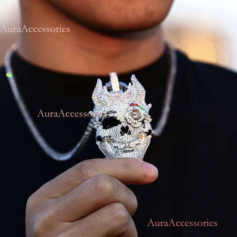 Bling Hip Hop Jewelry White Gold Plated Brass AAAAA CZ Dia Skull Head Necklace Mens Iced Out Pendant