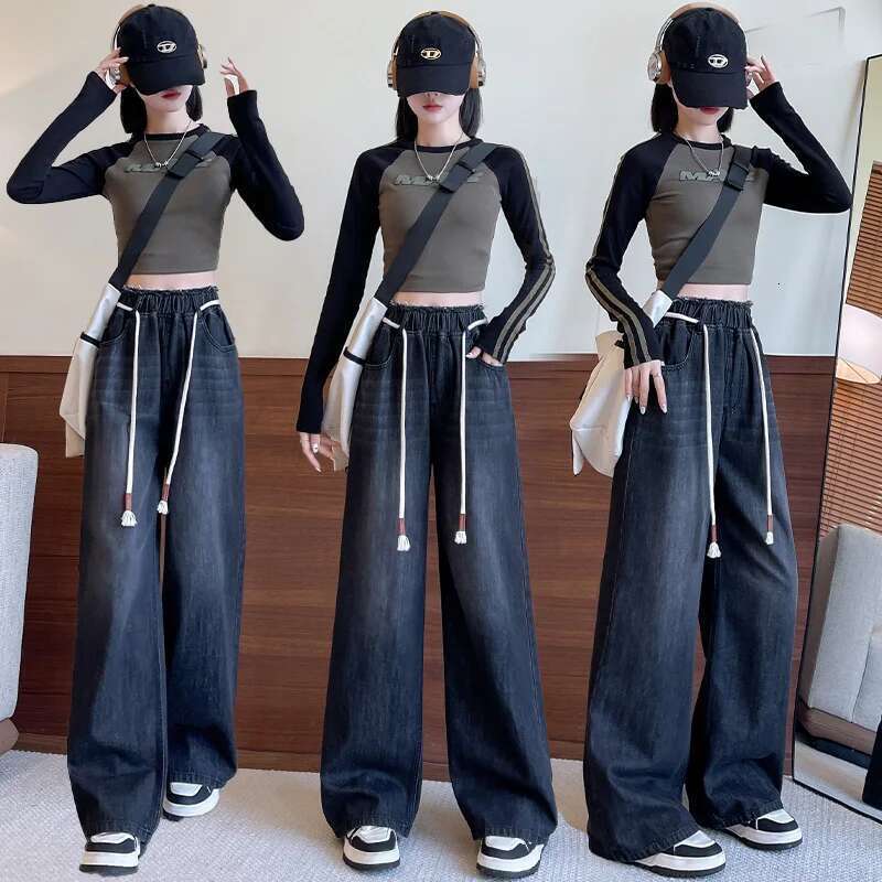 L - 6XL Plus Size For Woman High Elastic Waist Drawstring Black Jeans Women Streetwear Wide Leg Loose Casual Denim Pants