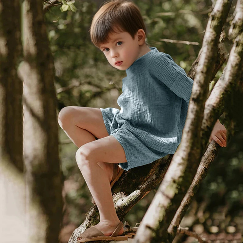 Summer 100% Cotton Kids Boys Girls Clothes Set Loose Casual Short Sleeve TopShorts Baby Outfits for Children Clothes Suits 250515