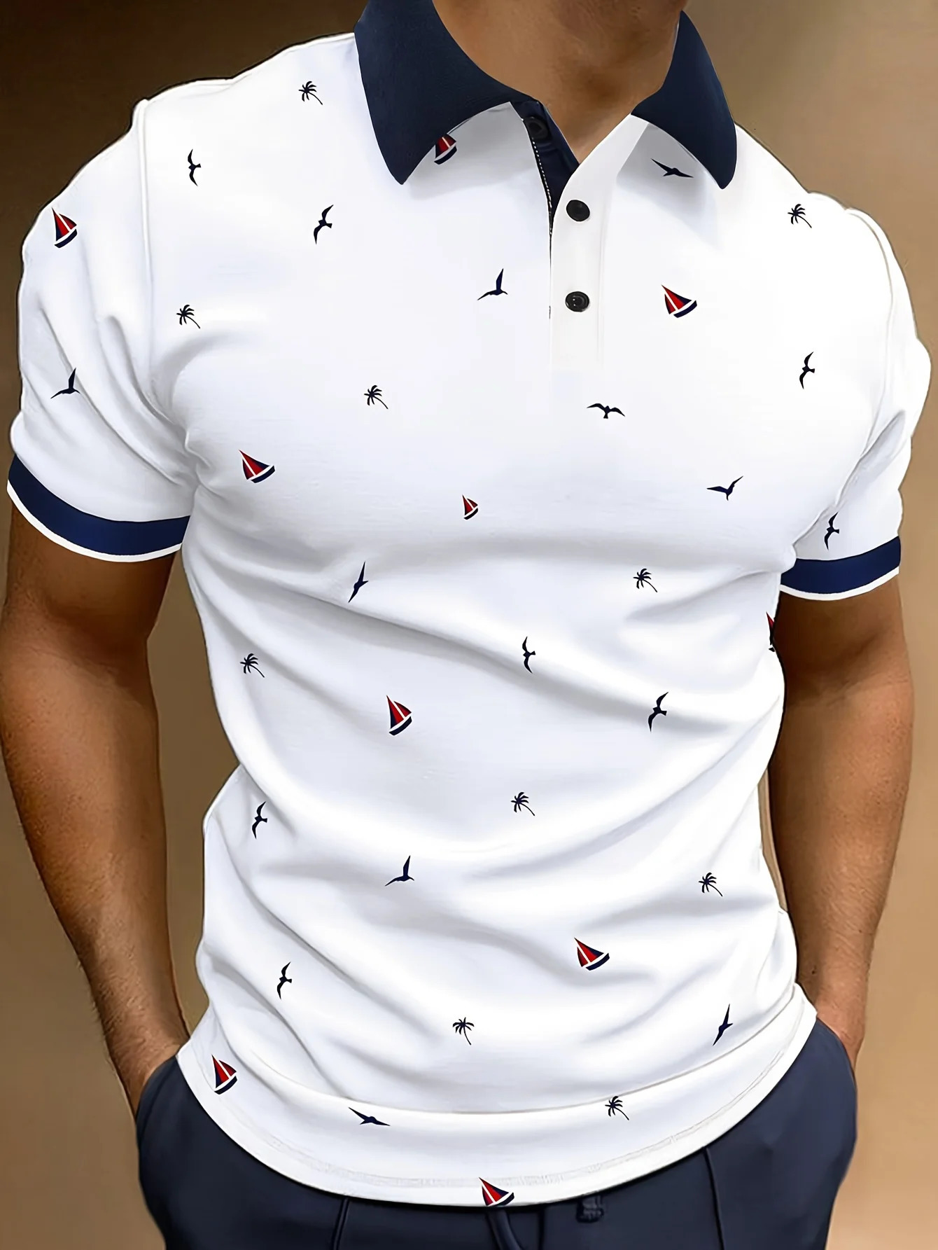 Mens Contrast Collar Short Sleeve Lapel Golf Shirt Short Sleeve Printed Button Clothing Fashion Casual Breathable 250515
