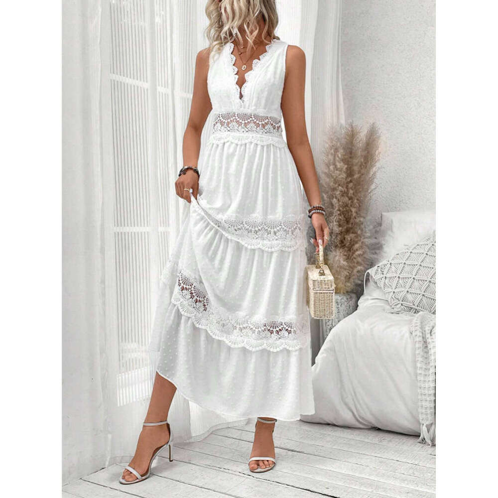 White Dress Maxi Dress 2024 Summer New VCAY Women's Lace Spliced V-Neck Sleeveless Dress KQ