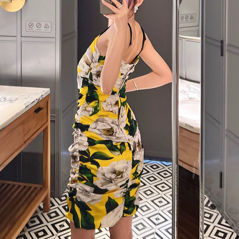 Fashion Women's Yellow Floral Print Silk Satin Dress Luxury Square Neck Pleated Strapless BodyconVestdios Sexy Fashion Vaction Style Designer Clo
