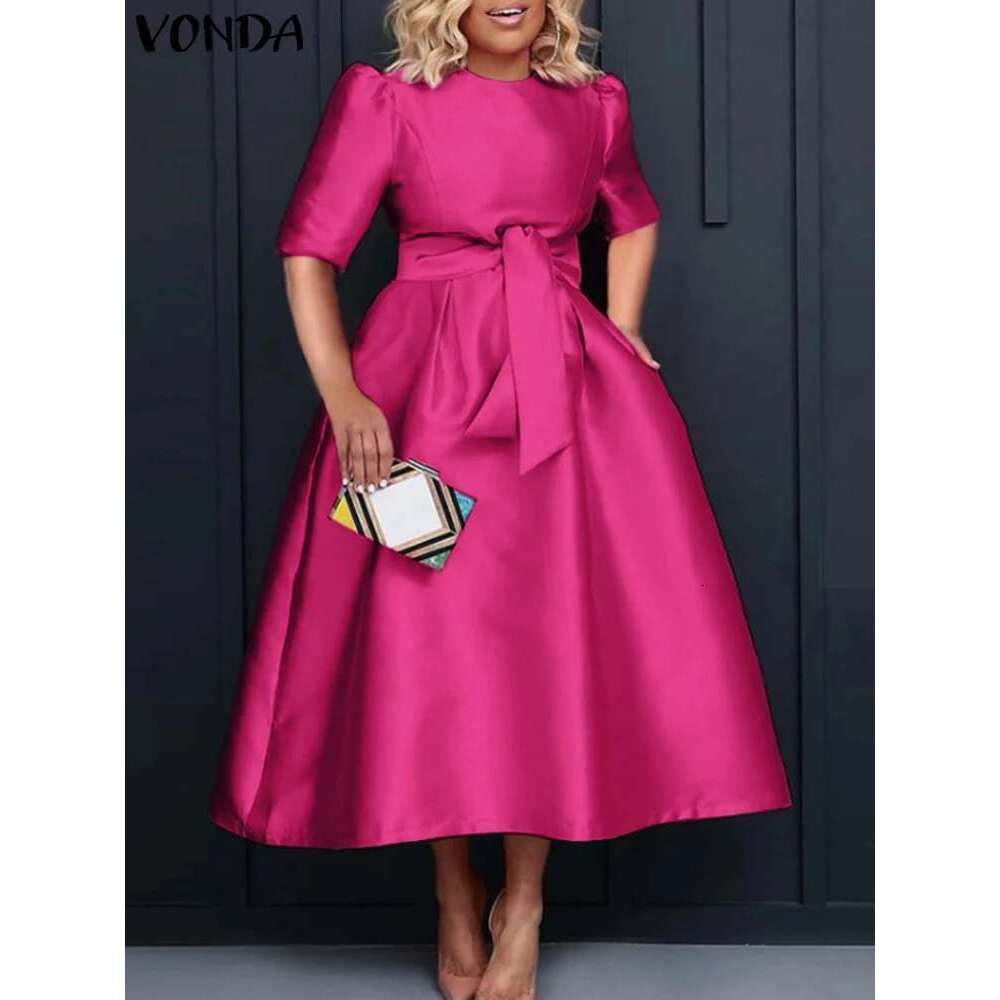 Plus Size Women Stain 2024 Summer Sexy Puff Sleeve Evening Party Dress VONDA Beach Sundres Casual Loose Robe Vestidos