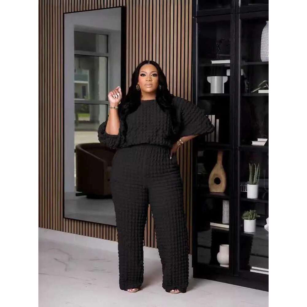 Curvy Plus Size Woman Clothing Fall Winter Long Sleeve 2 Piece Outfit Set Bubble Waffle Pleated Top and Pants Sets Elegant Suit