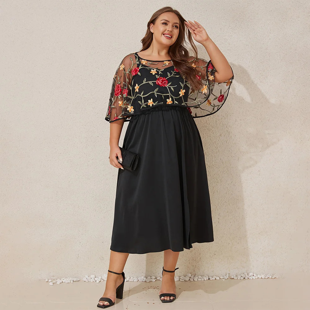 Elegant Plus Size Women Floral Embroidery Cloak Sleeve Strappy Midi Dress With Pocket Banquet Party Cocktail Evening Ball Gownn 250509