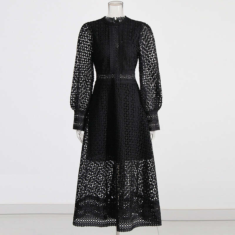 2025 Spring New Style: Hollow Embroidered Design, Comfortable Waist, Skirt, High End, Slimming, Long Sleeve Dress for Women