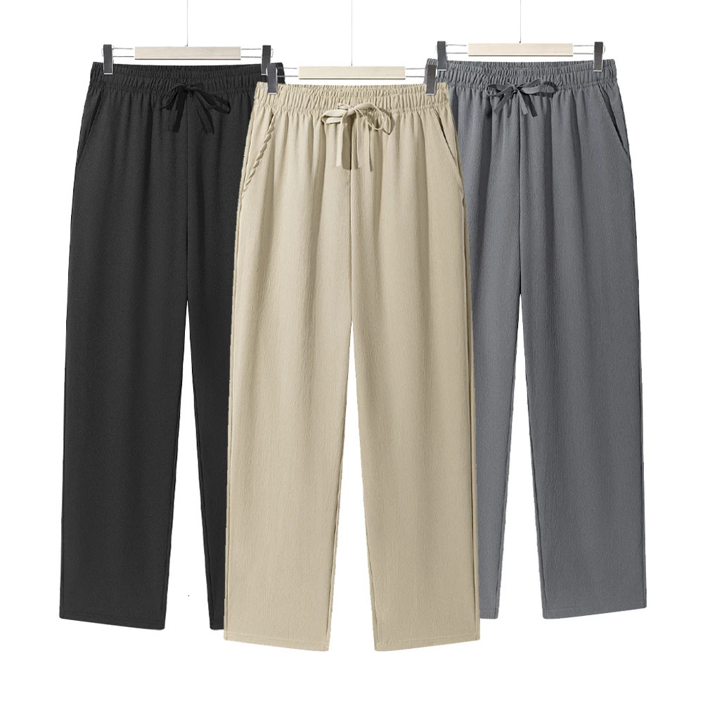 Summer Mens Straight Trousers Casual Solid Color Breathable Drawstring Long Pants Sweatpants Streetwear Men Baggy 250515