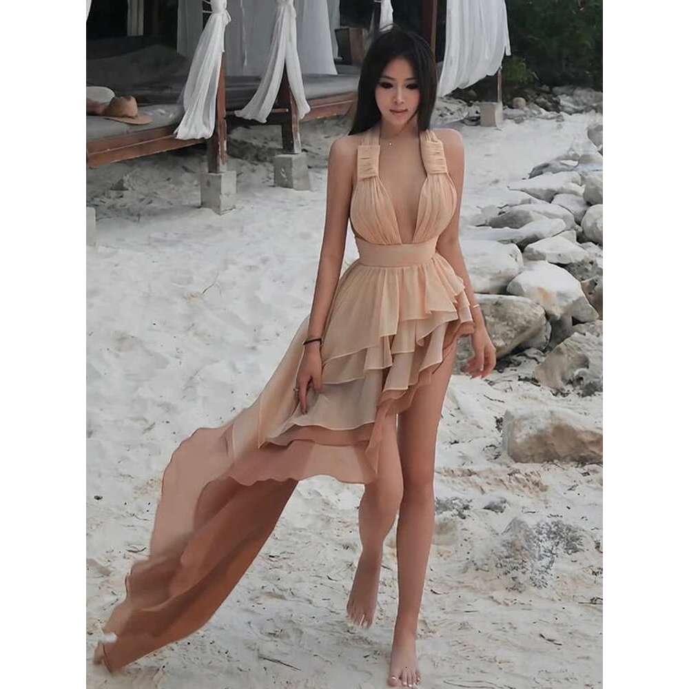Weird Puss Tierred Tassel Dress Women Backless Sleeveless Halter Gradient Color Lace Pleated Sexy Beach Vacation Party Bodycon