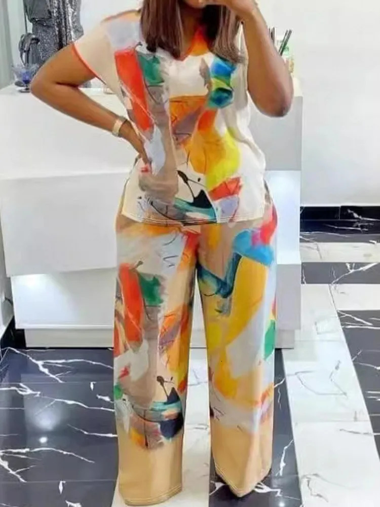 2 Piece Women Sets Arrival Plus Size Summer Matching Sets Print Two Pieces Sets Top Pants Suits Outfits Clothing 250514