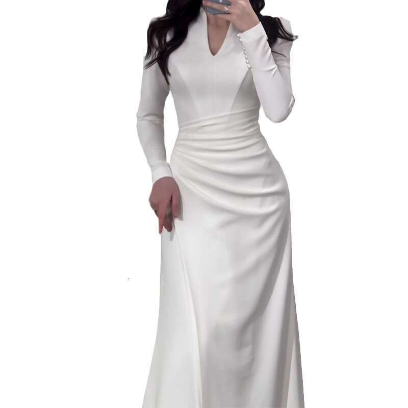 2024 Autumn New Solid Color Slim Fit Gentle Fold Long Sleeve Dress
