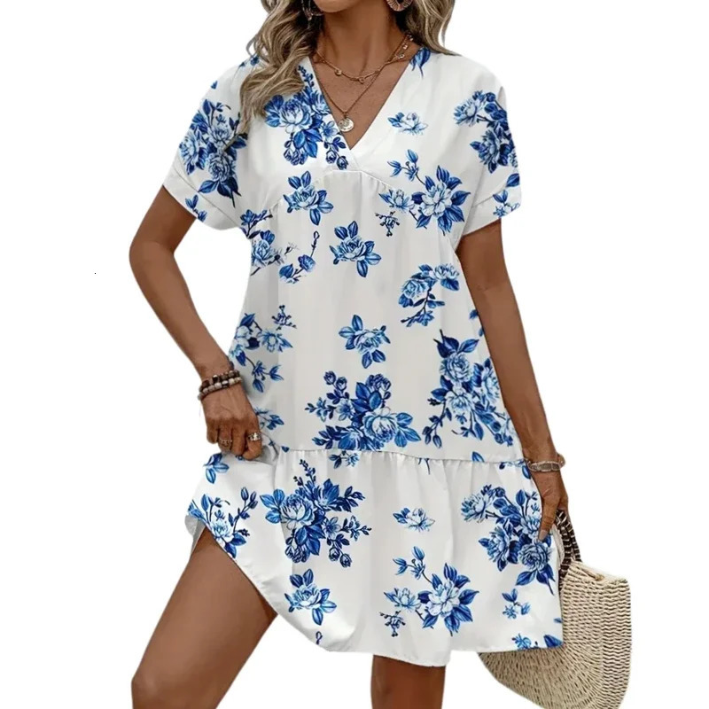 Plus Size 1XL-5XL Women Fashion Summer V-neck Floral Print Short Sleeves Dress Ladies Elegant Print Loose Summer Dress 250509