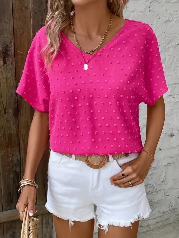 Womens Casual Swiss Dot Ruffle Sleeve Keyhole Back Blouse Breathable SemiSheer Round Neck Top Machine Washable Spring Sum 250515