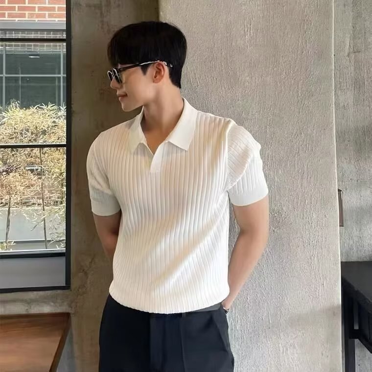 Lightweight Mature Polo Shirt Men's Korean Version Slim Fit Lapel Solid Color Casual Fashion Knitted T-shirt Designer Clothing