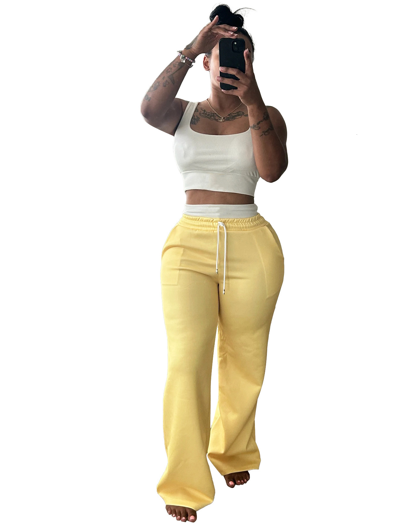 HR25021 Womens Summer New Style Double Waist Head Design High Waist Wide Leg Pants Set