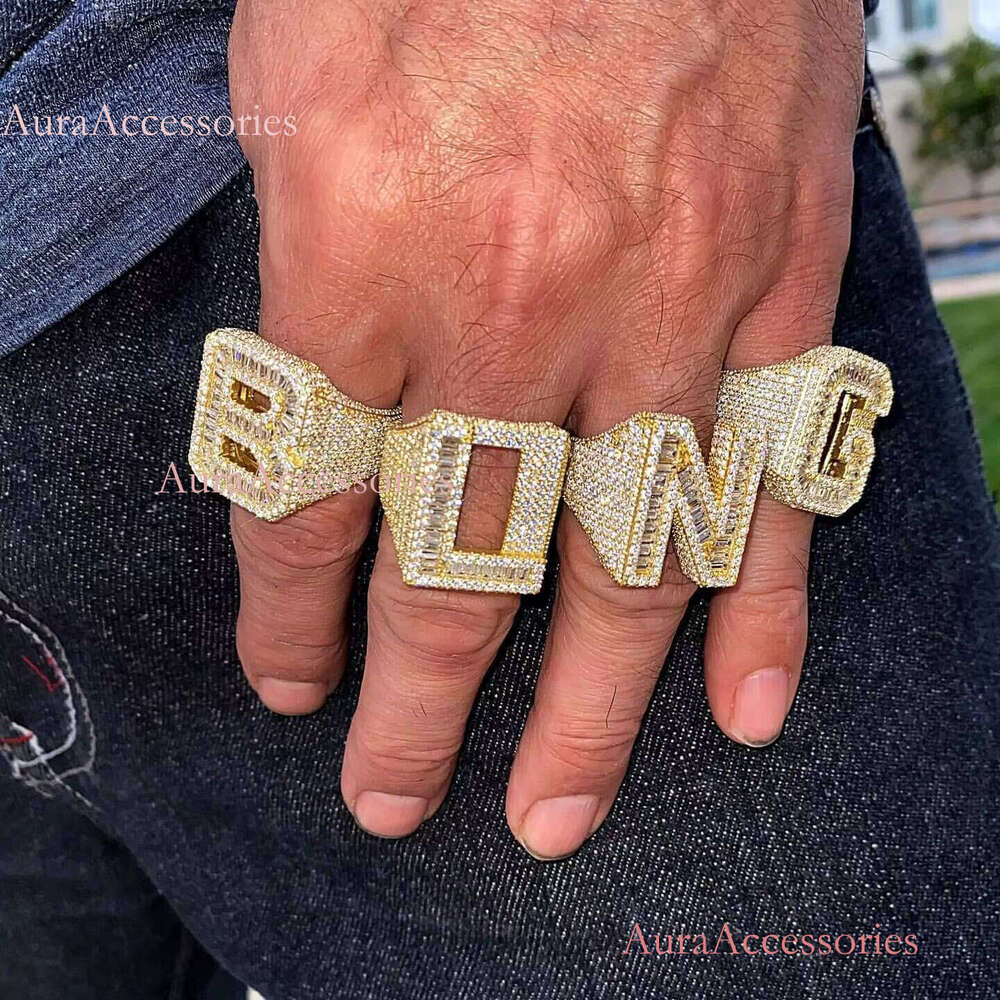 Iced Out Sterling Sier Baguette VVS Moissanite Dia Custom Hip Hop Letter Ring for Men
