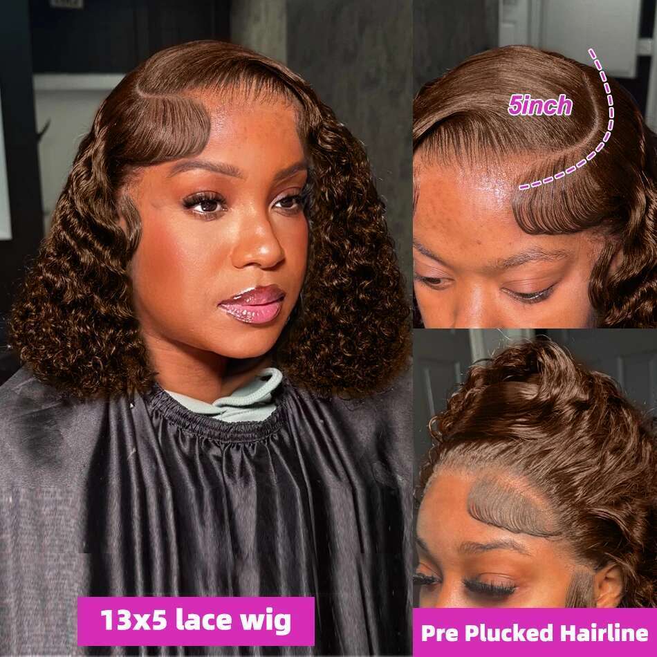 Brazilian Chocolate Brown Deep Wave 13x4 HD Front Human Hair 250% Colored Curly Wigs Short BoB 13x5 Lace Frontal Wig