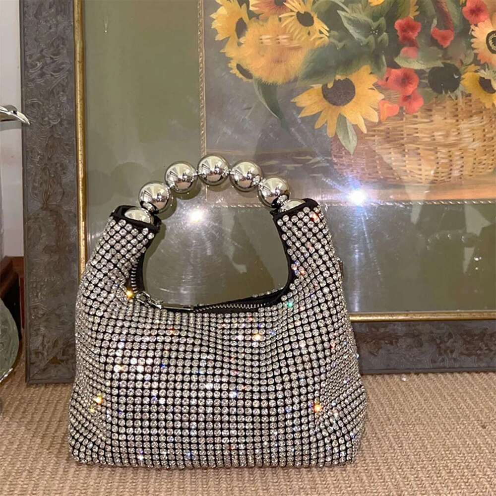 JIOMAY Fashion Steel Ball Handle Tote Exquisite Rhinestone Shoulder Designer Bags Purses For Women Makeup Bag