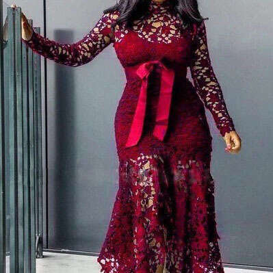 2025 new women's hollowed out long sleeved stand collar lace up 5-color irregular dress