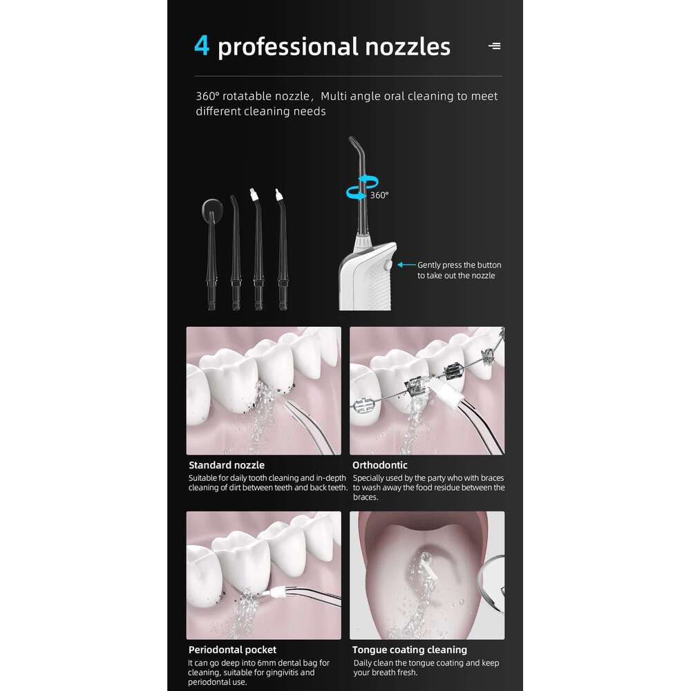 Oral Irrigator 40-140PSI Tooth Scaler Flosser Rechargeable Dental Water Jet 5 Speed 330ML IPX7 Waterproof Teeth Cleaner