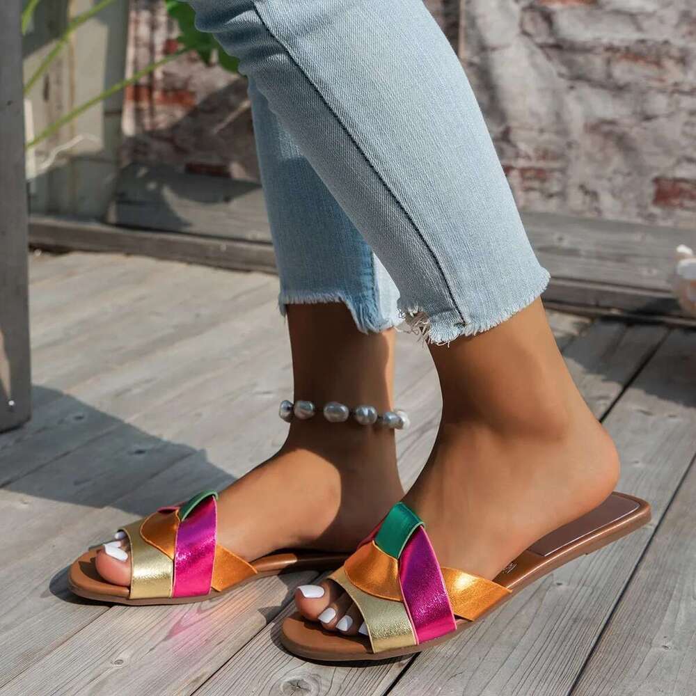 Designer Women 2025 New Woven with Comfortable Women's Sandals Casual Bottom Summer Flat Woman Slippers