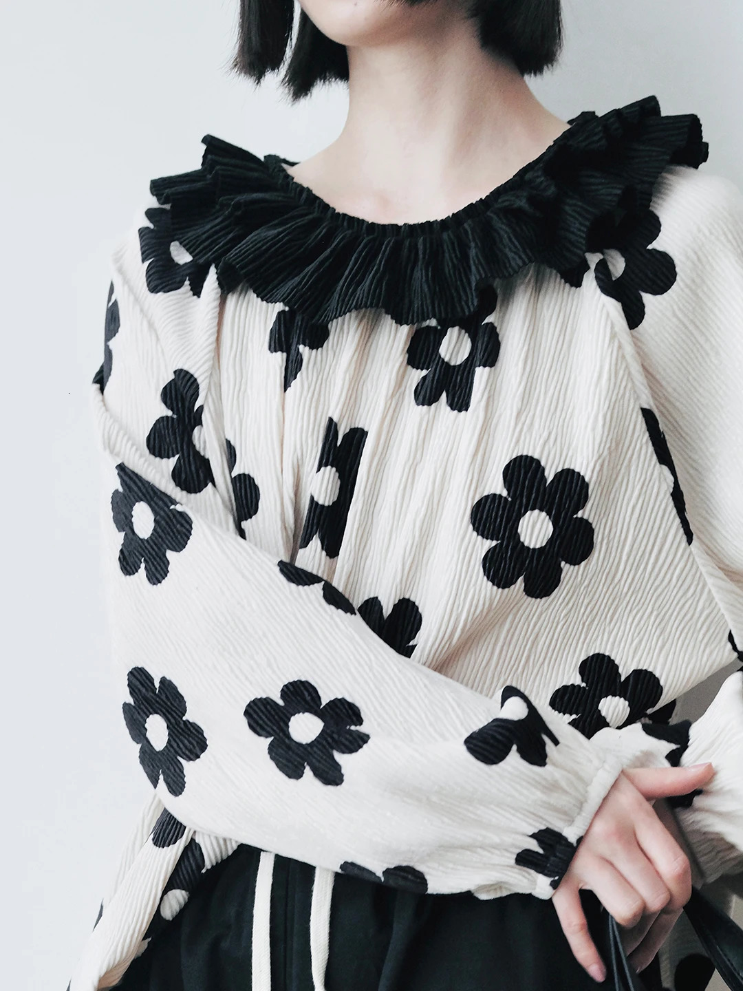 IMAKOKONI original n lapel lace patchwork pleated flower print shirt top for women 244804 250515