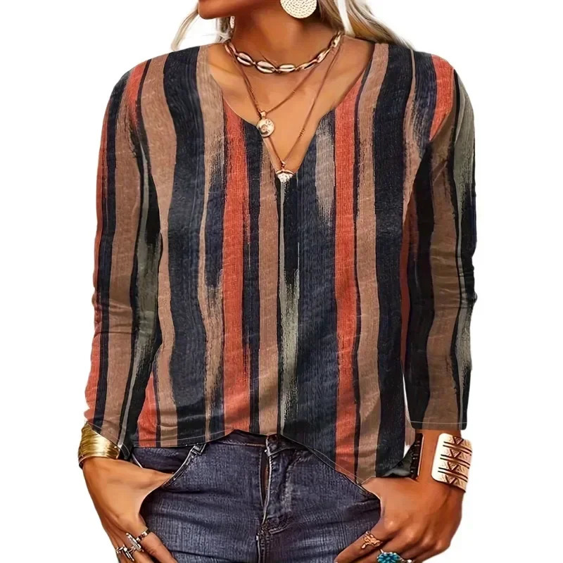 Womens Plus Size 1XL-8XL Casual V-neck Comfortable Long Sleeve Top Ladies Fashion Striped Breathable T-shirt 250514