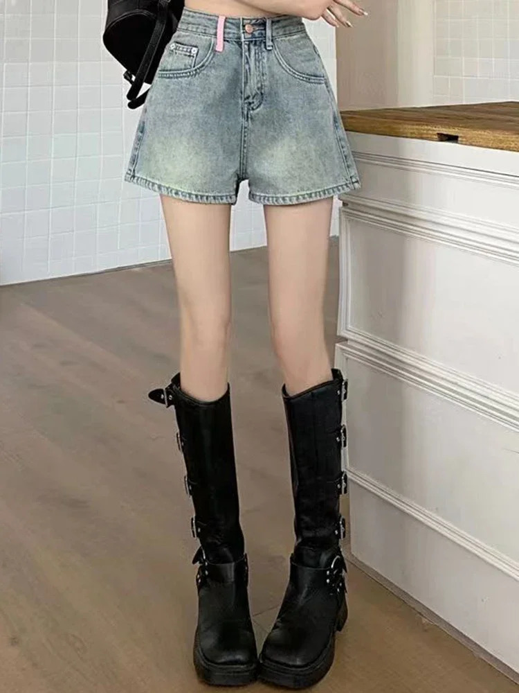 Girls Korean High Waist Denim Wide Leg Shorts Women High Street Y2k Short Pants Female Fashion Blue Slacks Jeans Plus Size 250514