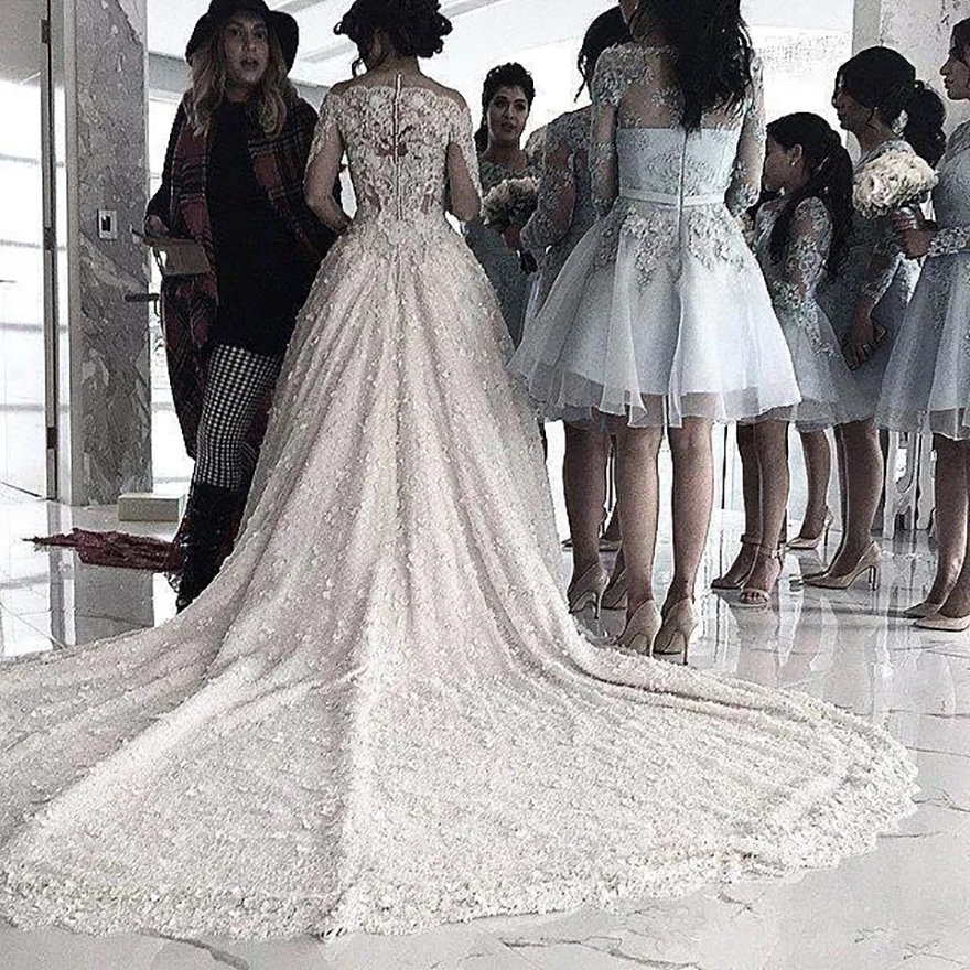 Bateau Elegant Winter Neck Sheer Long Sleeves Lace Ball Gown Dresses Beaded Pearls Chapel Train Wedding Bridal Gowns