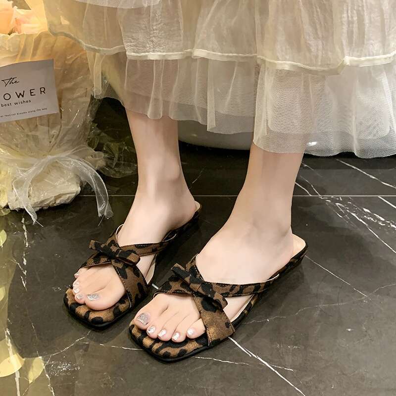 2025 Summer Thick Low Heel Women Slippers Casual Butterfly-knot Square Toe Slides Ladies Dress Street Style Sandalias
