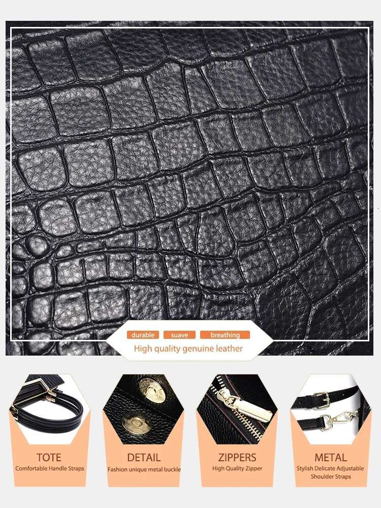 Zency Women Genuine Leather Handbag Black Crocodile Pattern Designer Top Handle Large Capacity Shoulder Crossbody Satchel Purse